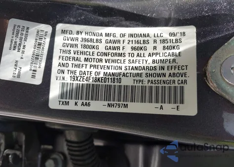 2019 Honda Insight Lx z USA, uszkodzony, nr VIN 19XZE4F18KE011810